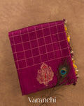 Burgundy Checkered Pure Raw Silk Handloom Saree — Folded