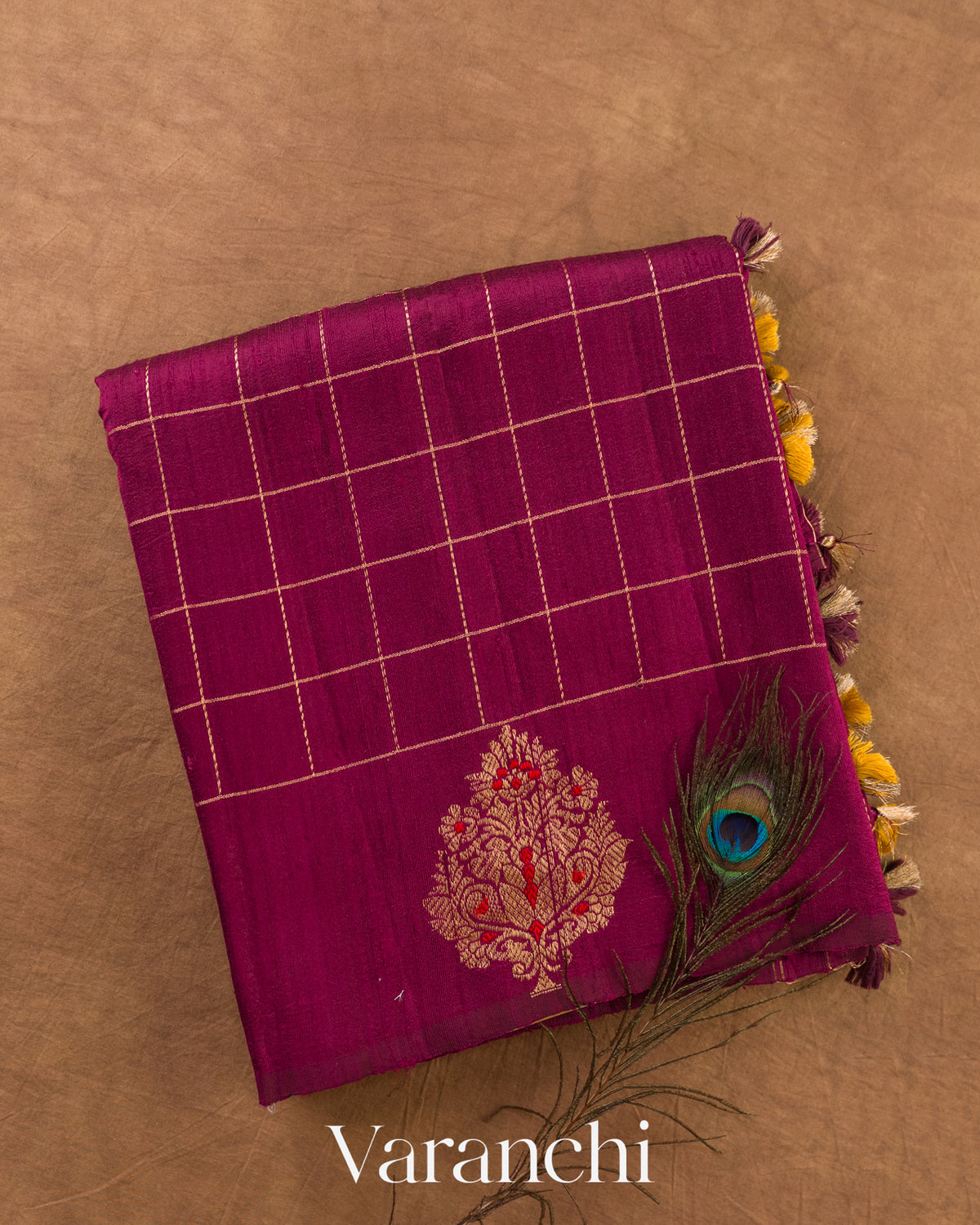 Burgundy Checkered Pure Raw Silk Handloom Saree — Folded