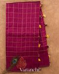 Burgundy Checkered Pure Raw Silk Handloom Saree — Full Saree
