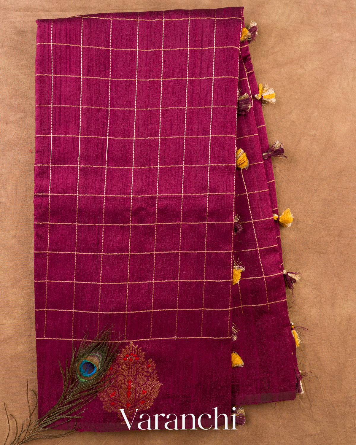 Burgundy Checkered Pure Raw Silk Handloom Saree — Full Saree