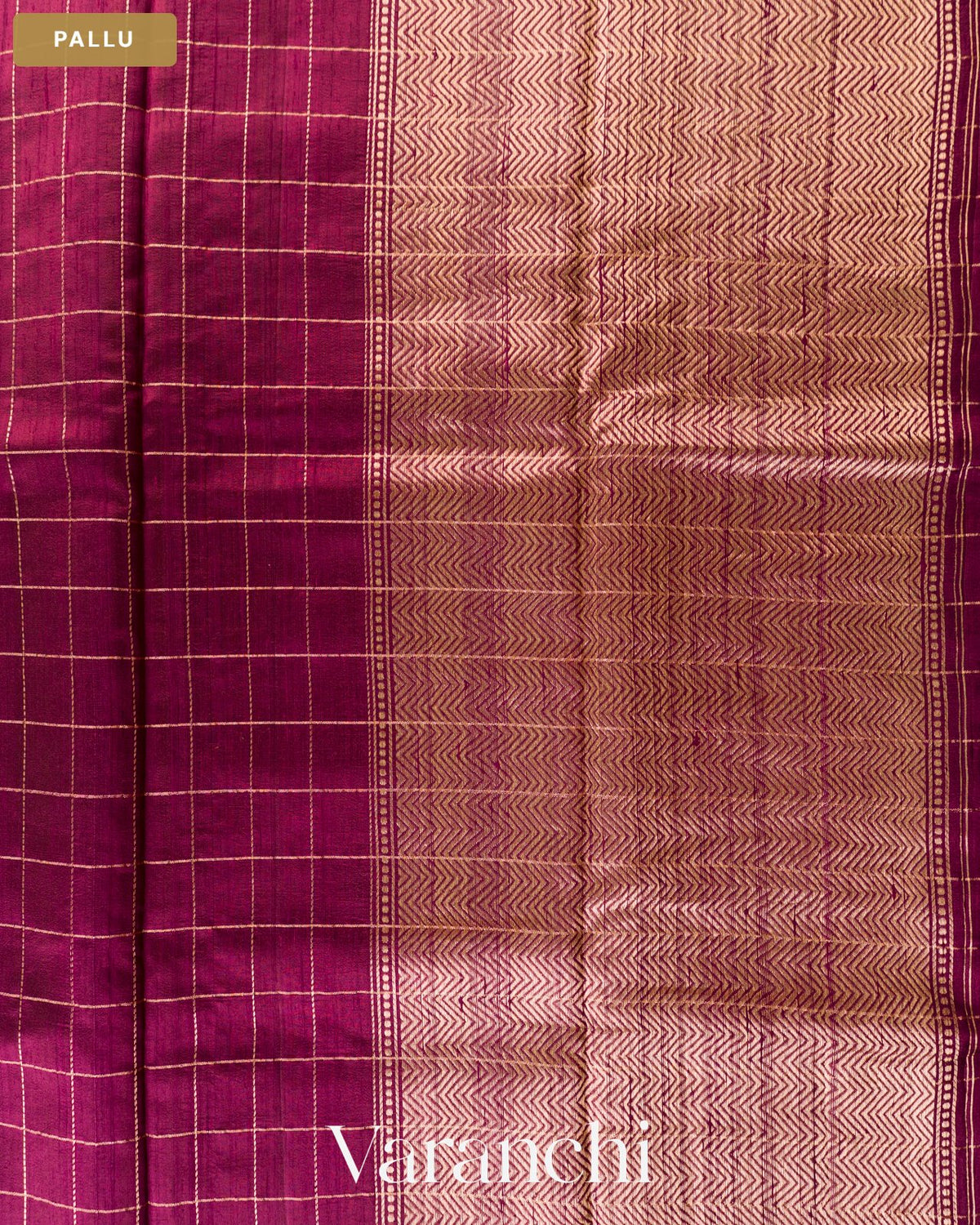 Burgundy Checkered Pure Raw Silk Handloom Saree — Pallu