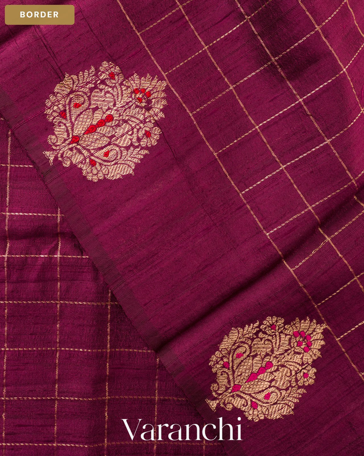 Burgundy Checkered Pure Raw Silk Handloom Saree — Border