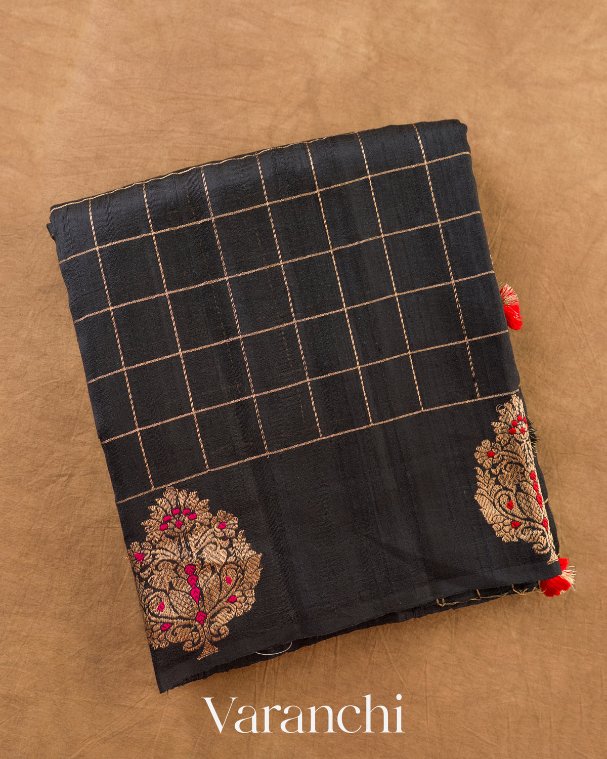 Black Checkered Pure Raw Silk Handloom Saree — Folded