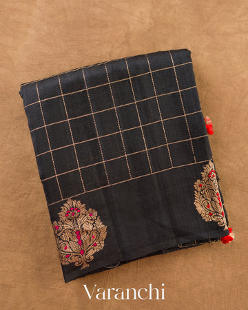 Black Checkered Pure Raw Silk Handloom Saree — Folded