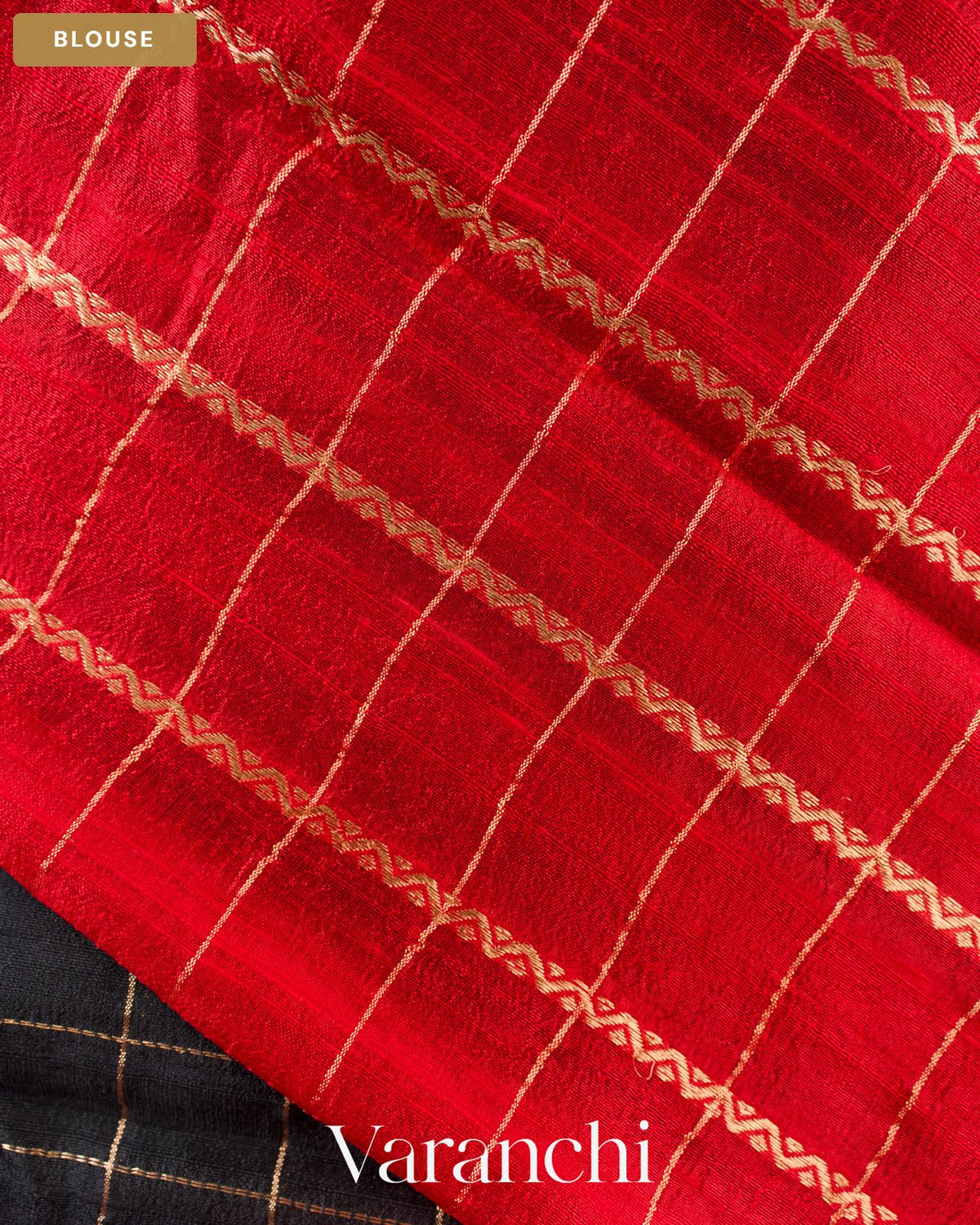 Black Checkered Pure Raw Silk Handloom Saree — Blouse