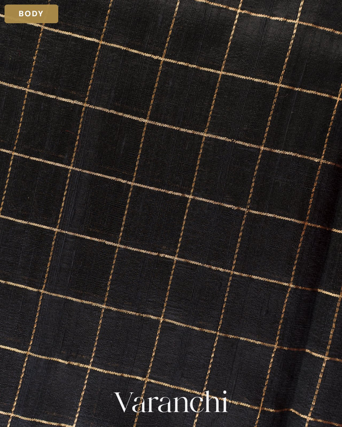 Black Checkered Pure Raw Silk Handloom Saree — Body