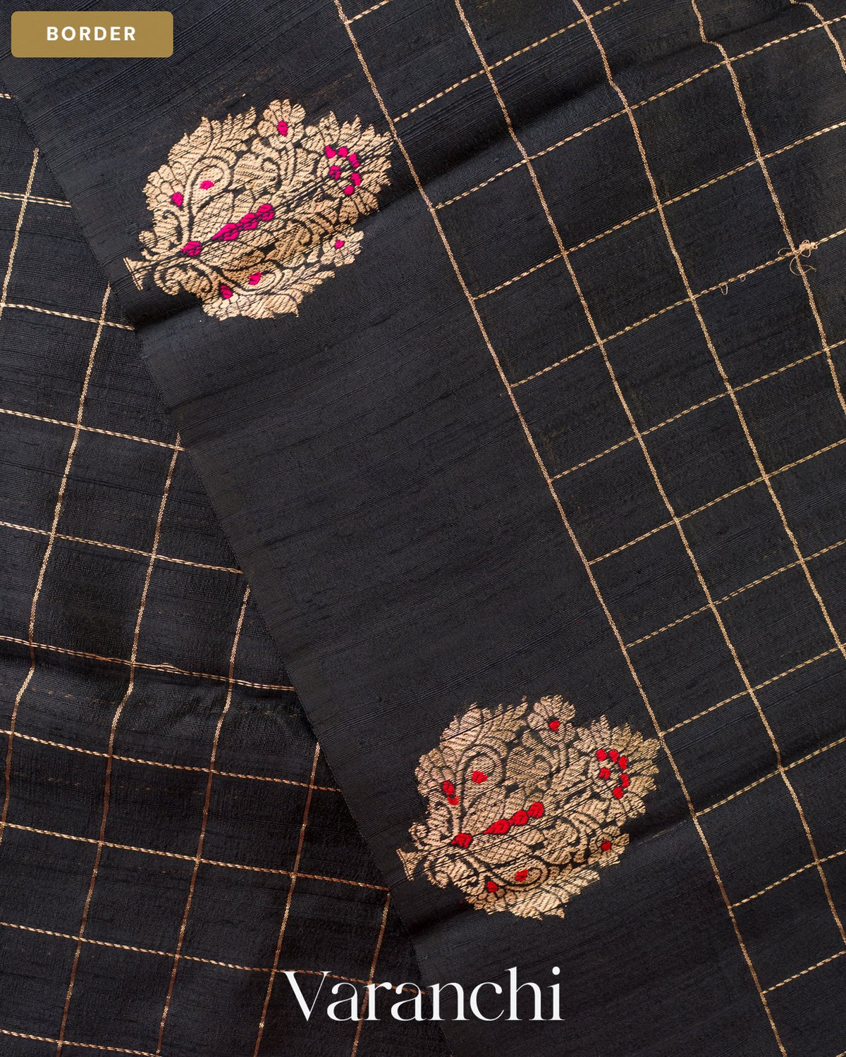 Black Checkered Pure Raw Silk Handloom Saree — Border