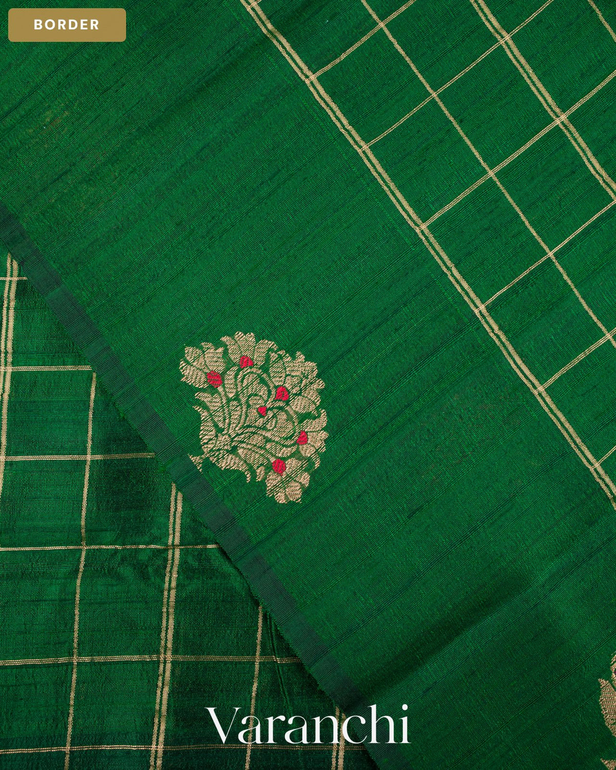 Bottle Green Checkered Pure Raw Silk Handloom Saree — Border