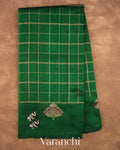 Bottle Green Checkered Pure Raw Silk Handloom Saree — Full Saree