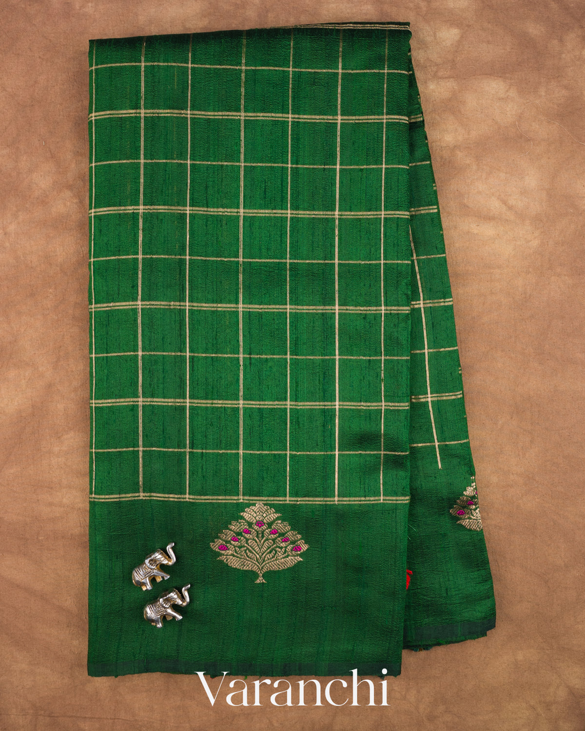 Bottle Green Checkered Pure Raw Silk Handloom Saree — Full Saree