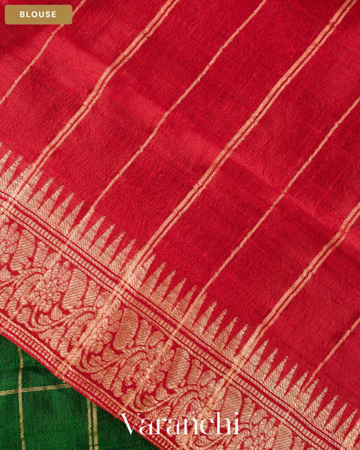 Bottle Green Checkered Pure Raw Silk Handloom Saree — Blouse