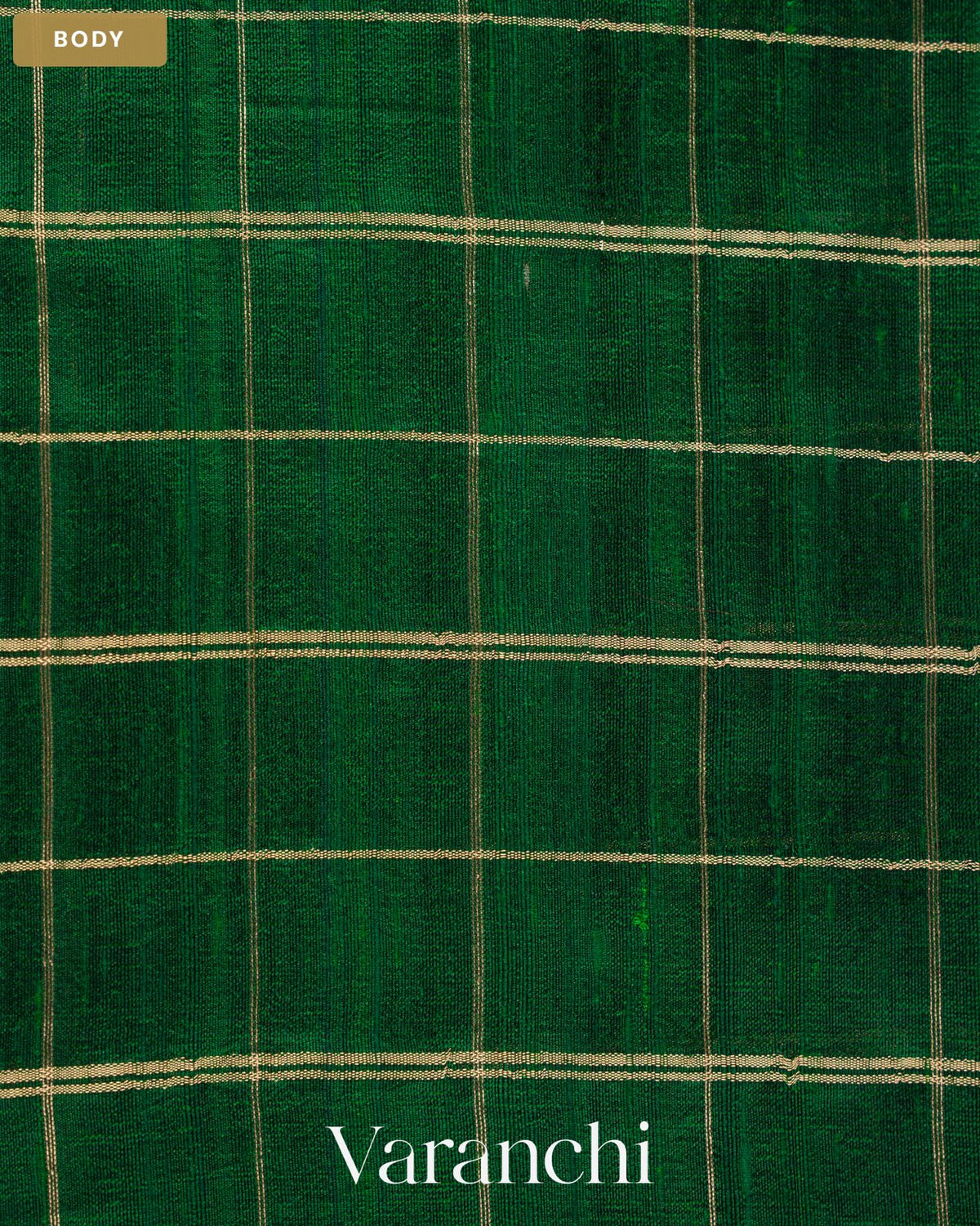 Bottle Green Checkered Pure Raw Silk Handloom Saree — Body