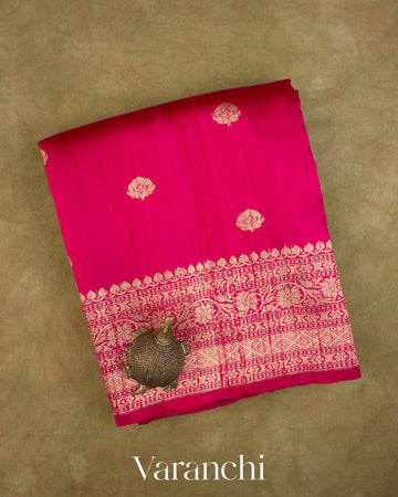 Magenta Pink Pure Raw Silk Handloom Saree — Folded