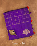 Deep Violet Checkered Pure Raw Silk Handloom Saree — Folded