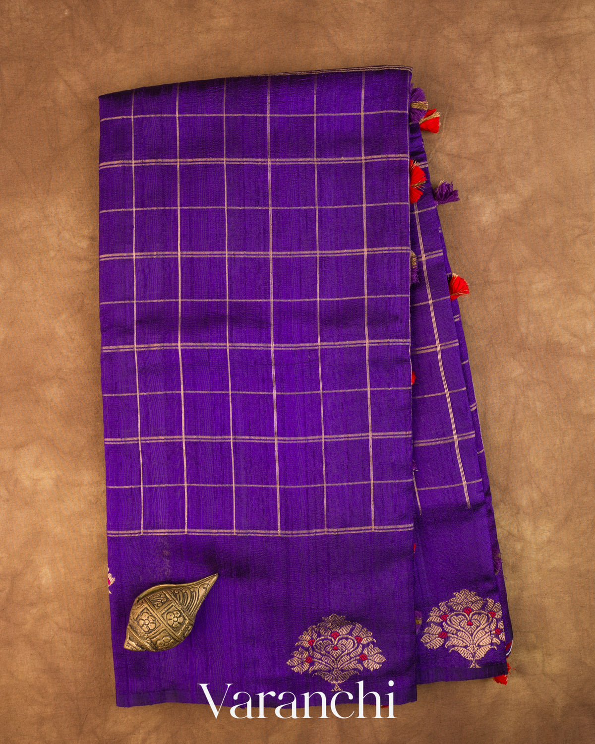 Deep Violet Checkered Pure Raw Silk Handloom Saree — Full Saree