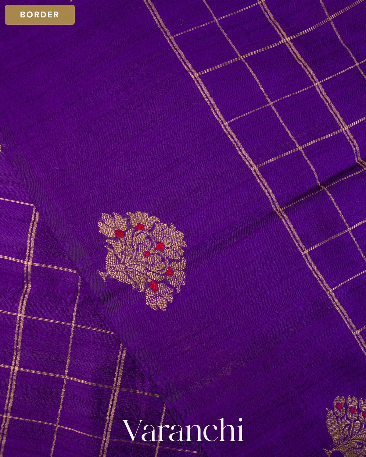 Deep Violet Checkered Pure Raw Silk Handloom Saree — Border