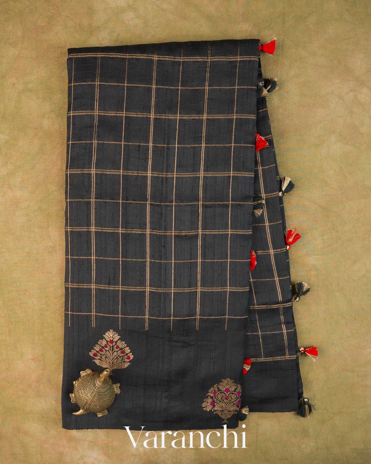 Black Checkered Pure Raw Silk Handloom Saree — Full Saree