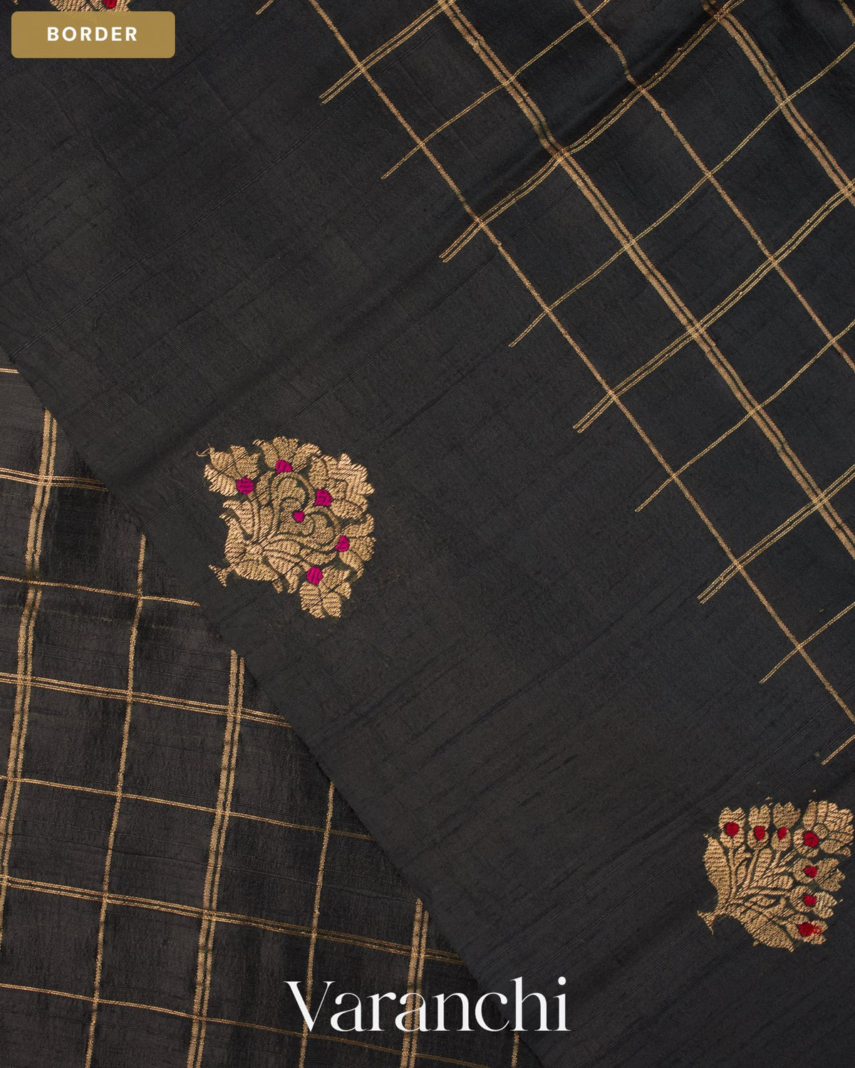 Black Checkered Pure Raw Silk Handloom Saree — Border