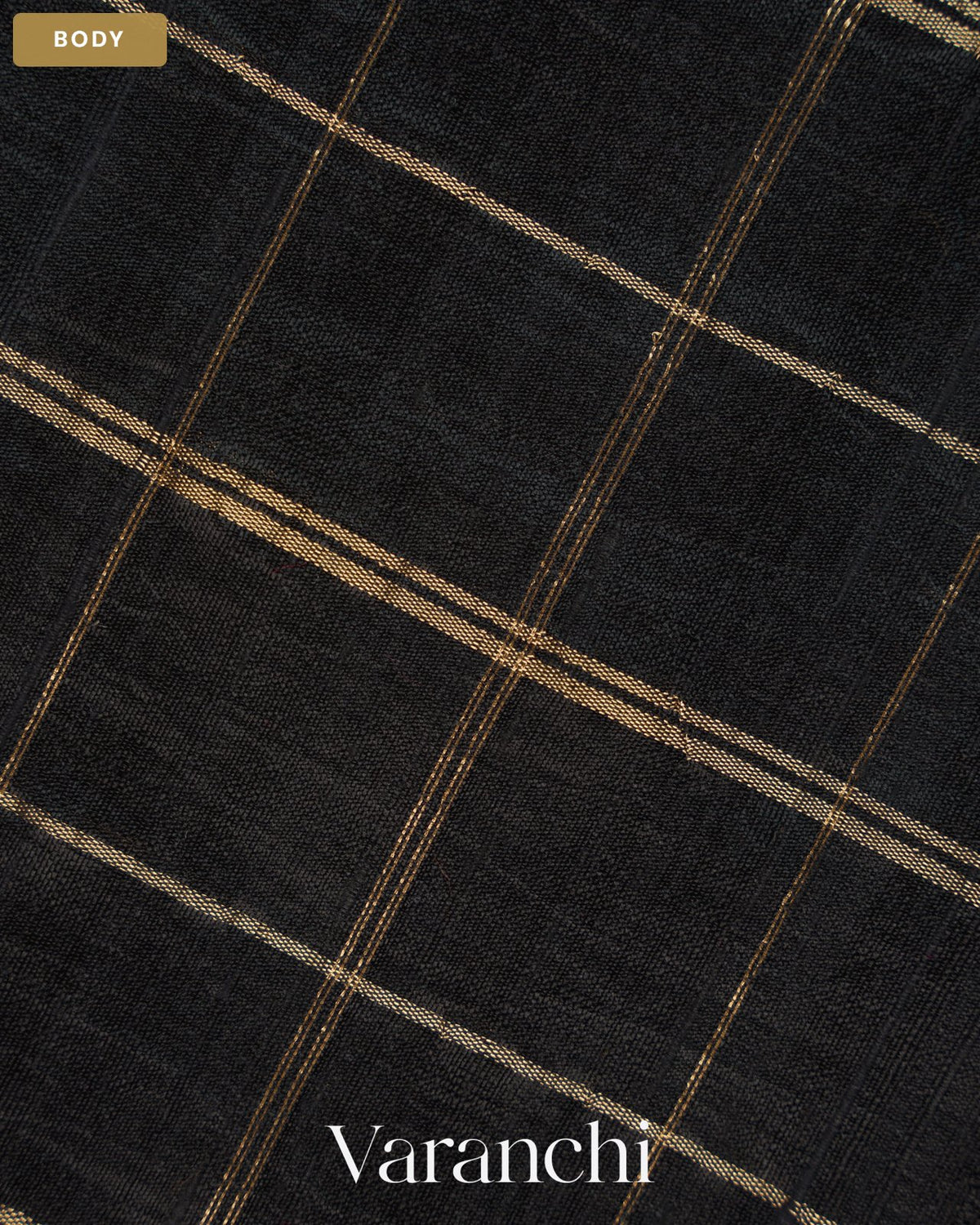 Black Checkered Pure Raw Silk Handloom Saree — Body