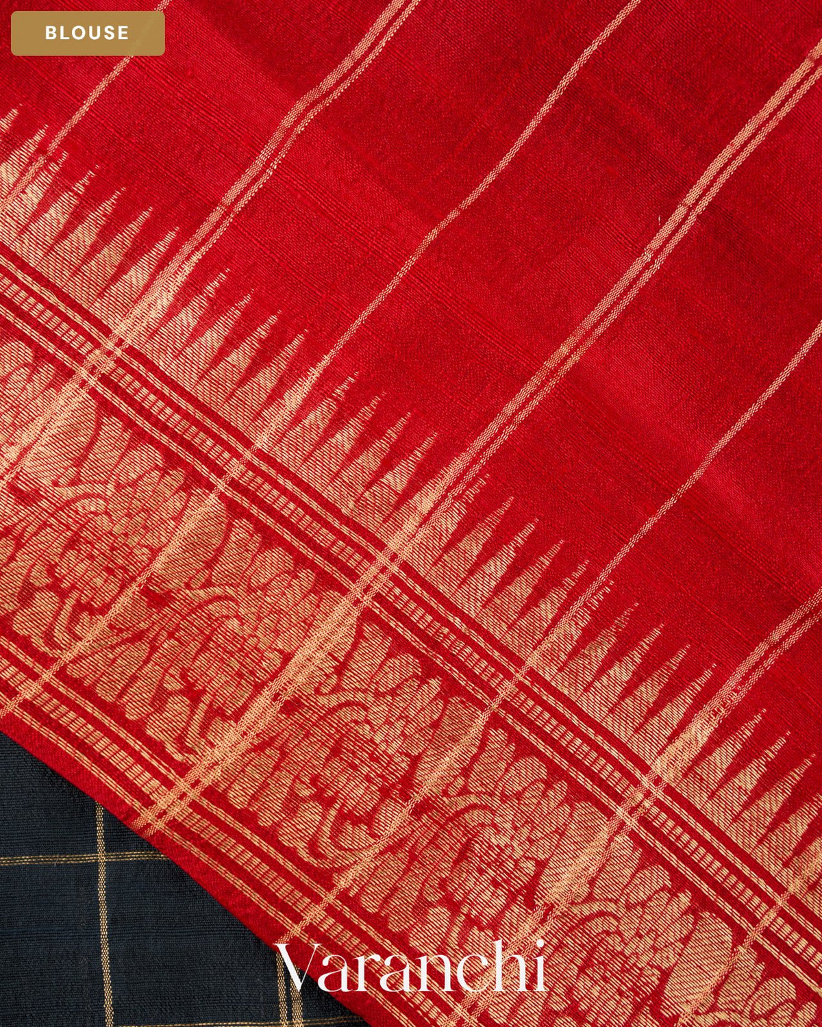 Black Checkered Pure Raw Silk Handloom Saree — Blouse