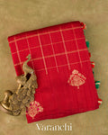 Crimson Red Checkered Pure Raw Silk Handloom Saree — Folded