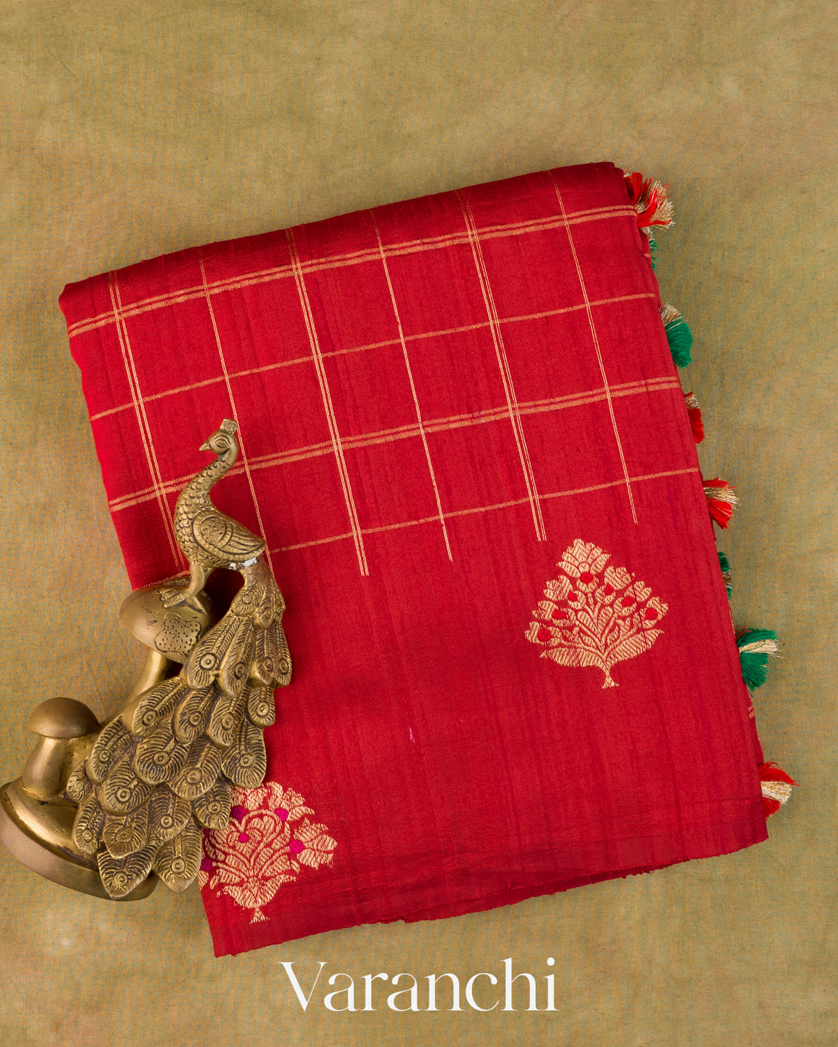 Crimson Red Checkered Pure Raw Silk Handloom Saree — Folded