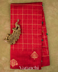 Crimson Red Checkered Pure Raw Silk Handloom Saree — Full Saree
