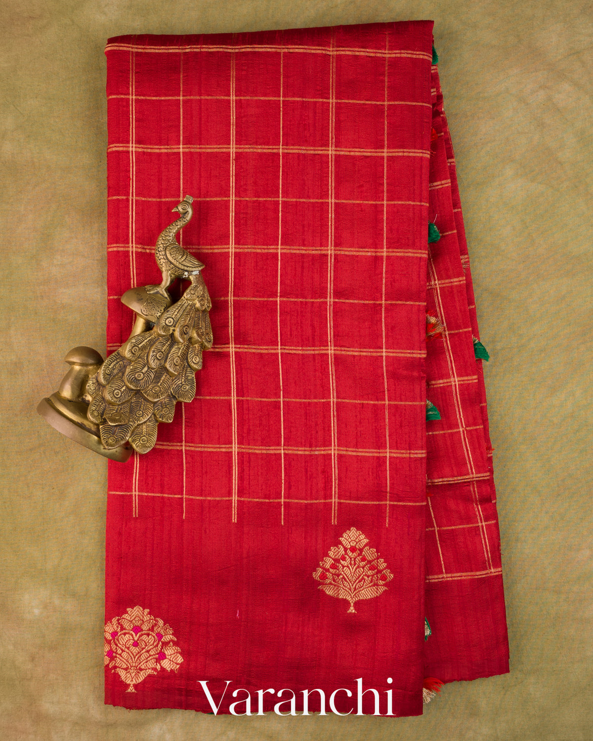 Crimson Red Checkered Pure Raw Silk Handloom Saree — Full Saree