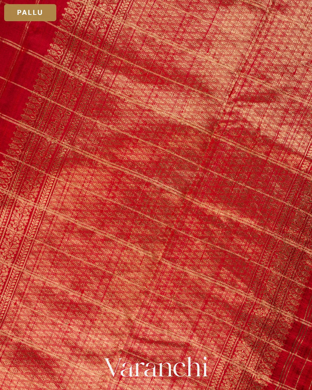 Crimson Red Checkered Pure Raw Silk Handloom Saree — Pallu