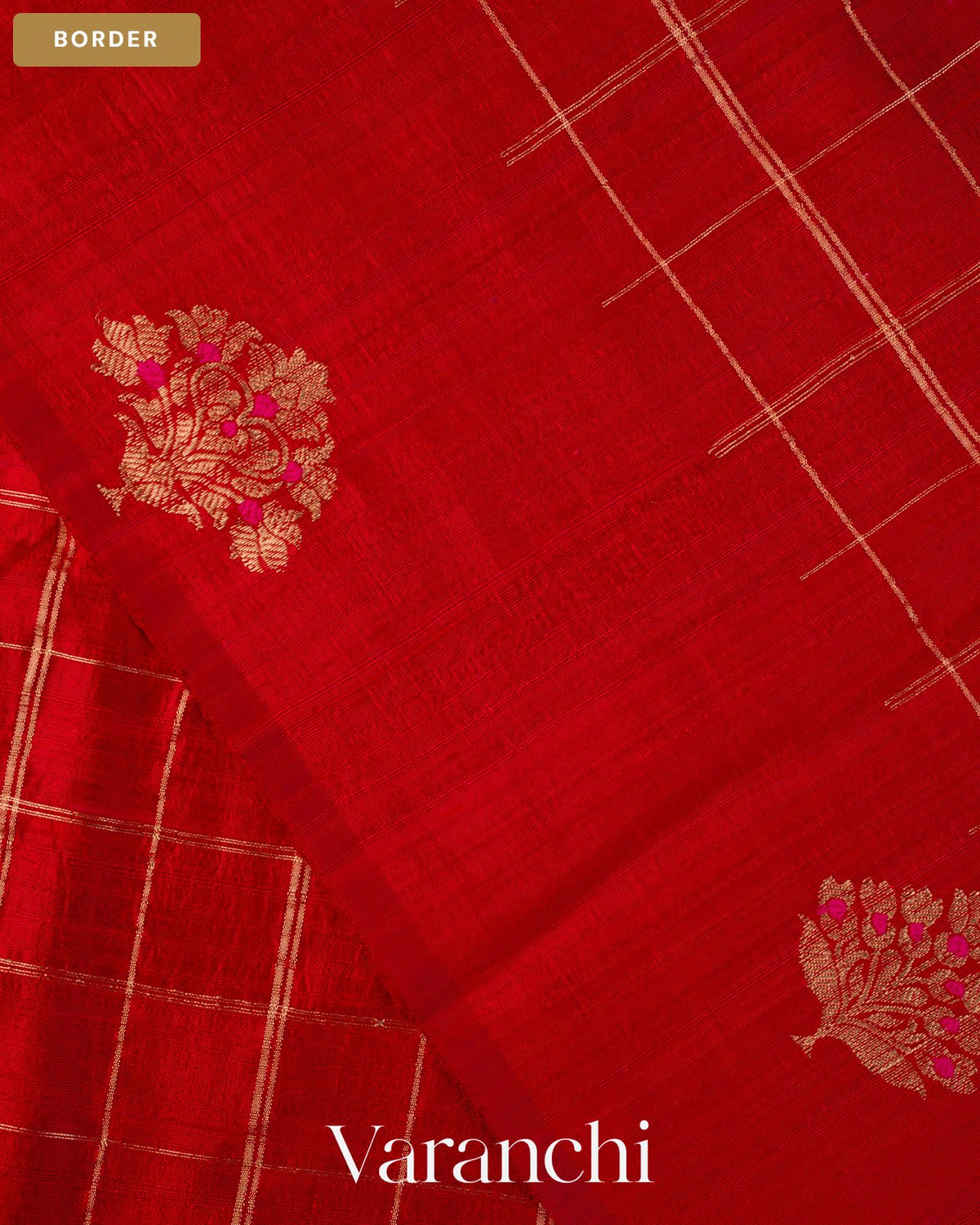 Crimson Red Checkered Pure Raw Silk Handloom Saree — Border