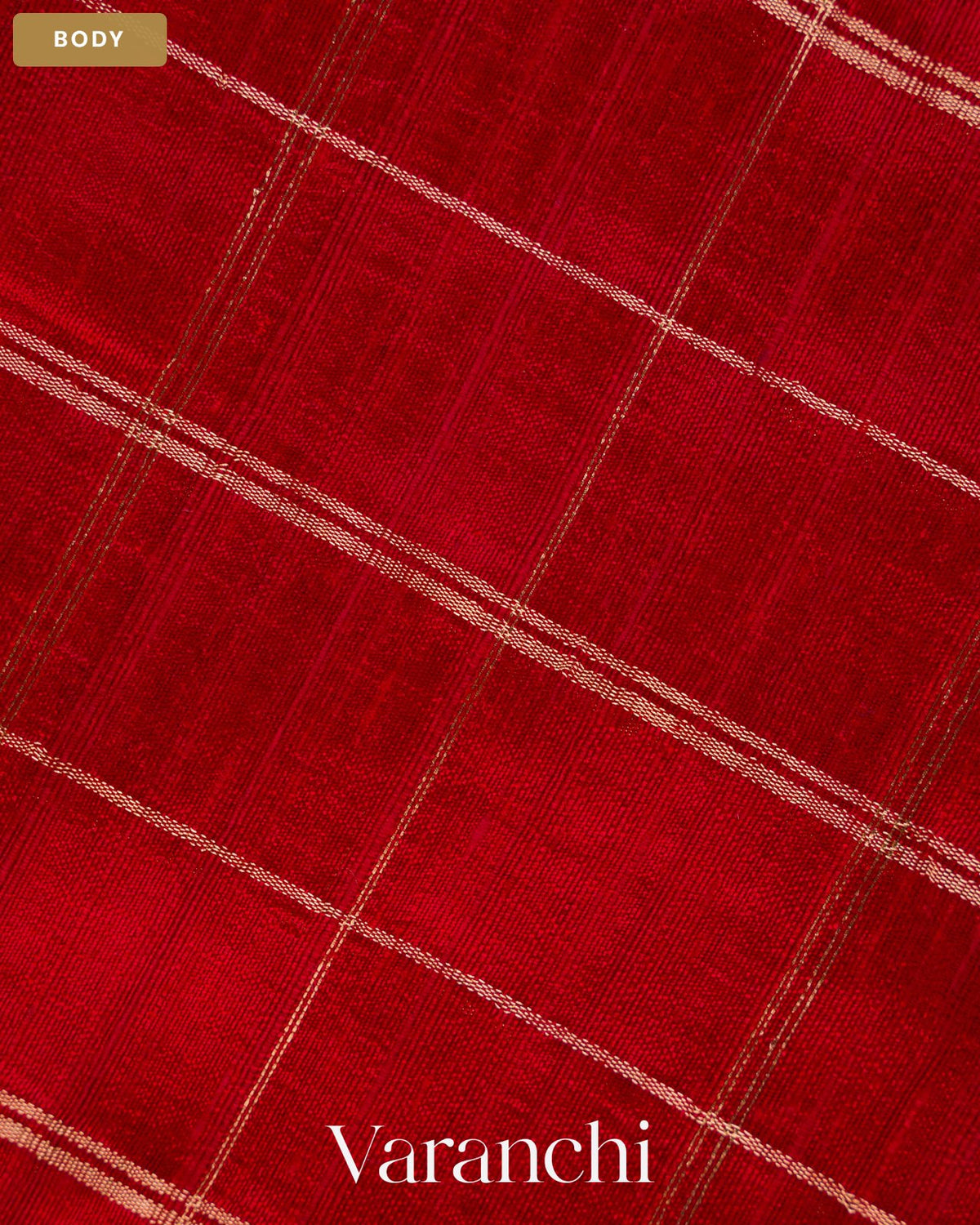 Crimson Red Checkered Pure Raw Silk Handloom Saree — Body