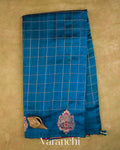 Peacock Blue Checkered Pure Raw Silk Handloom Saree — Full Saree