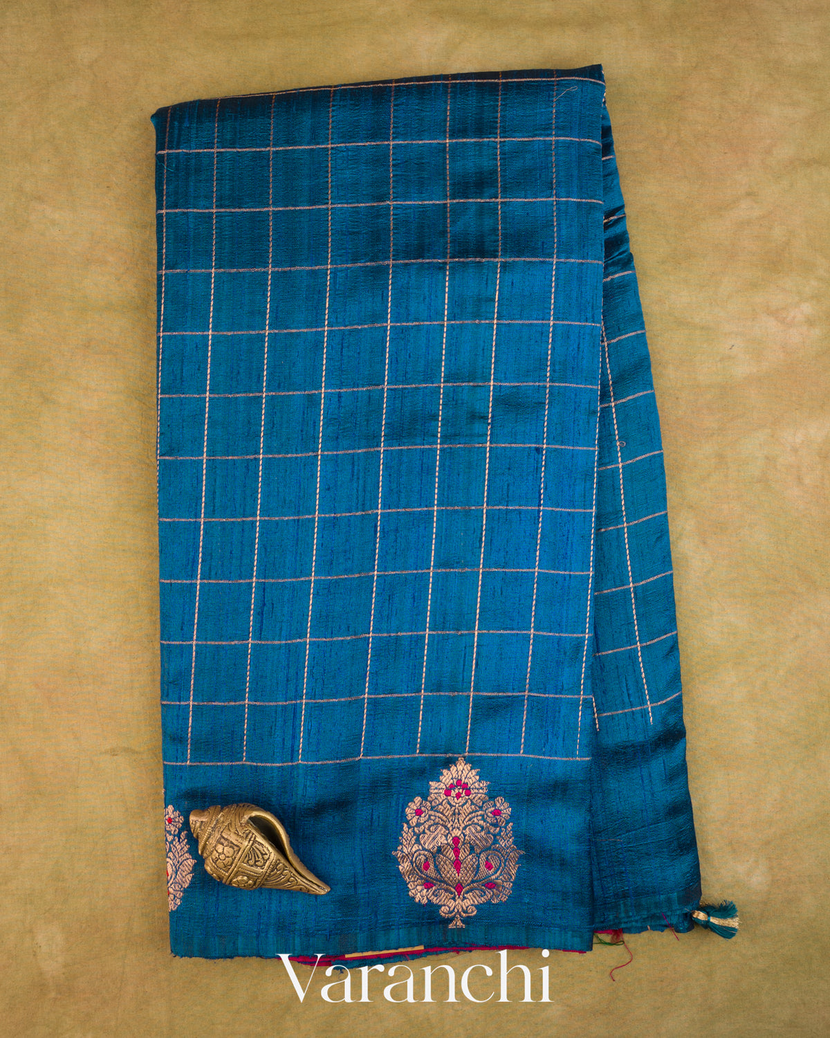 Peacock Blue Checkered Pure Raw Silk Handloom Saree — Full Saree