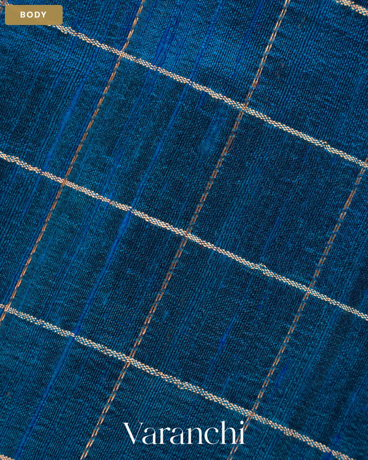Peacock Blue Checkered Pure Raw Silk Handloom Saree — Body