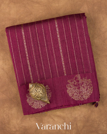 Burgundy Striped Pure Raw Silk Handloom Saree — Folded