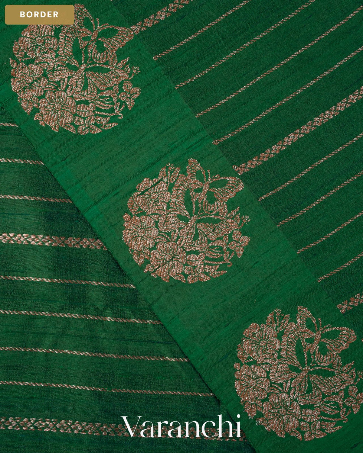 Bottle Green Striped Pure Raw Silk Handloom Saree — Border