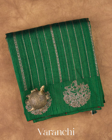 Bottle Green Striped Pure Raw Silk Handloom Saree — Folded