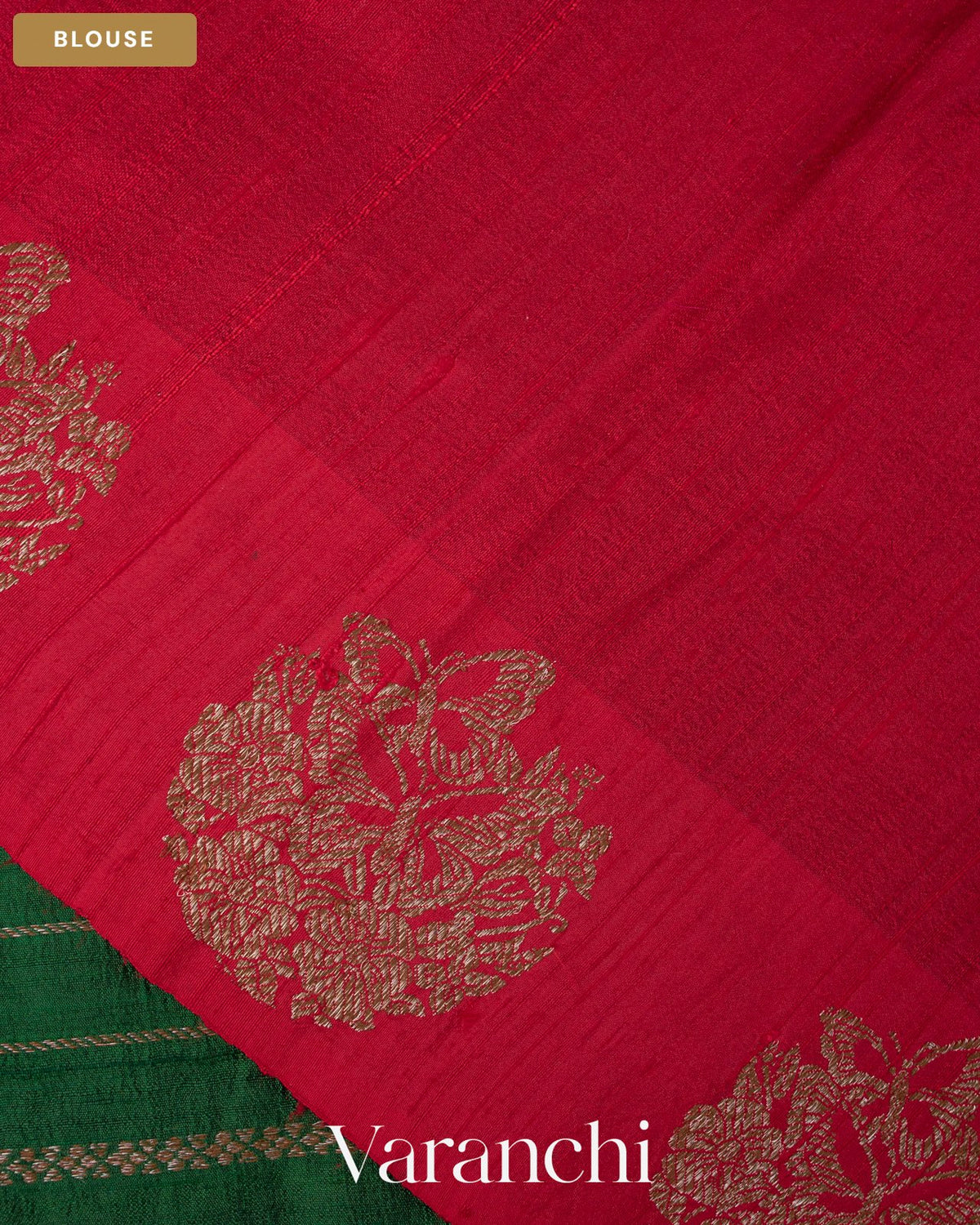 Bottle Green Striped Pure Raw Silk Handloom Saree — Blouse