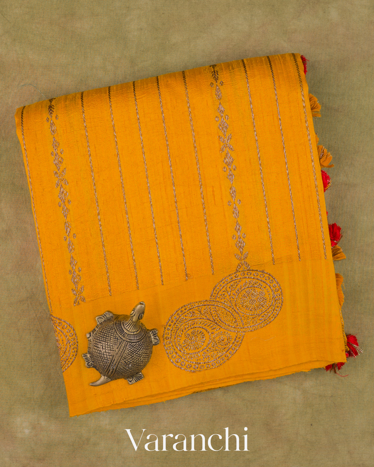 Turmeric Yellow Striped Pure Raw Silk Handloom Saree — Folded