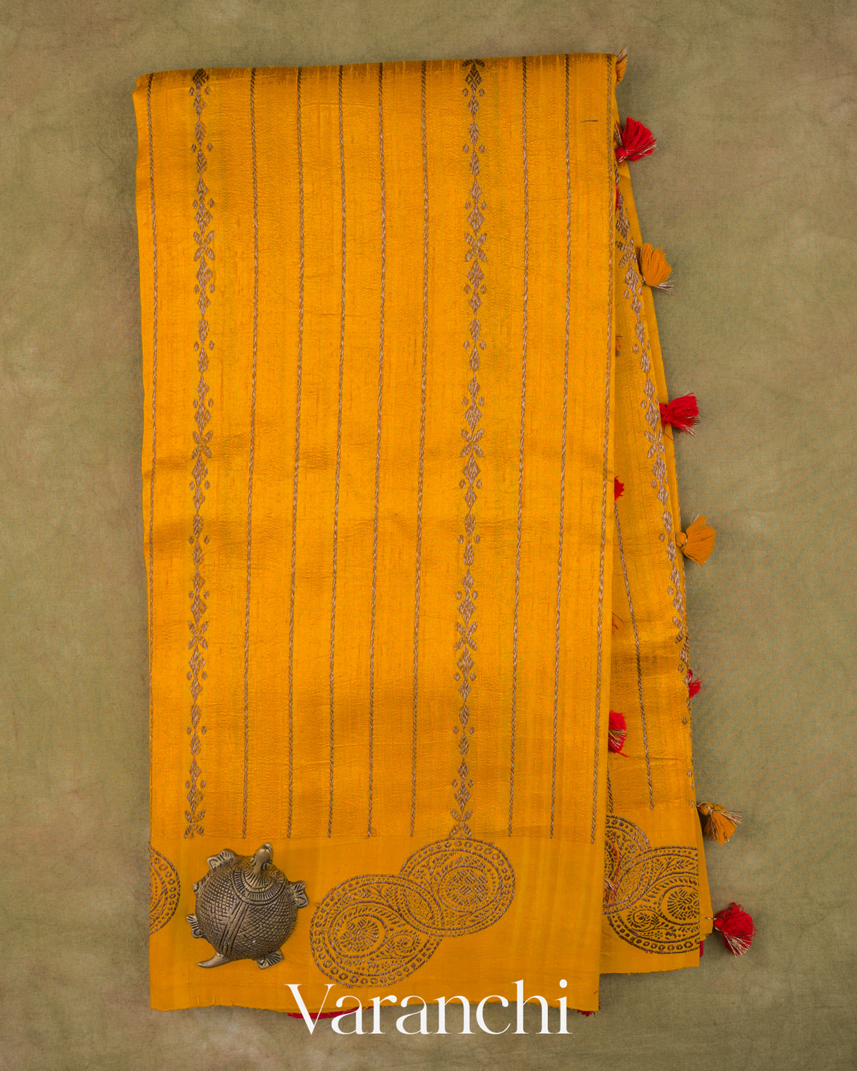 Turmeric Yellow Striped Pure Raw Silk Handloom Saree — Full Saree