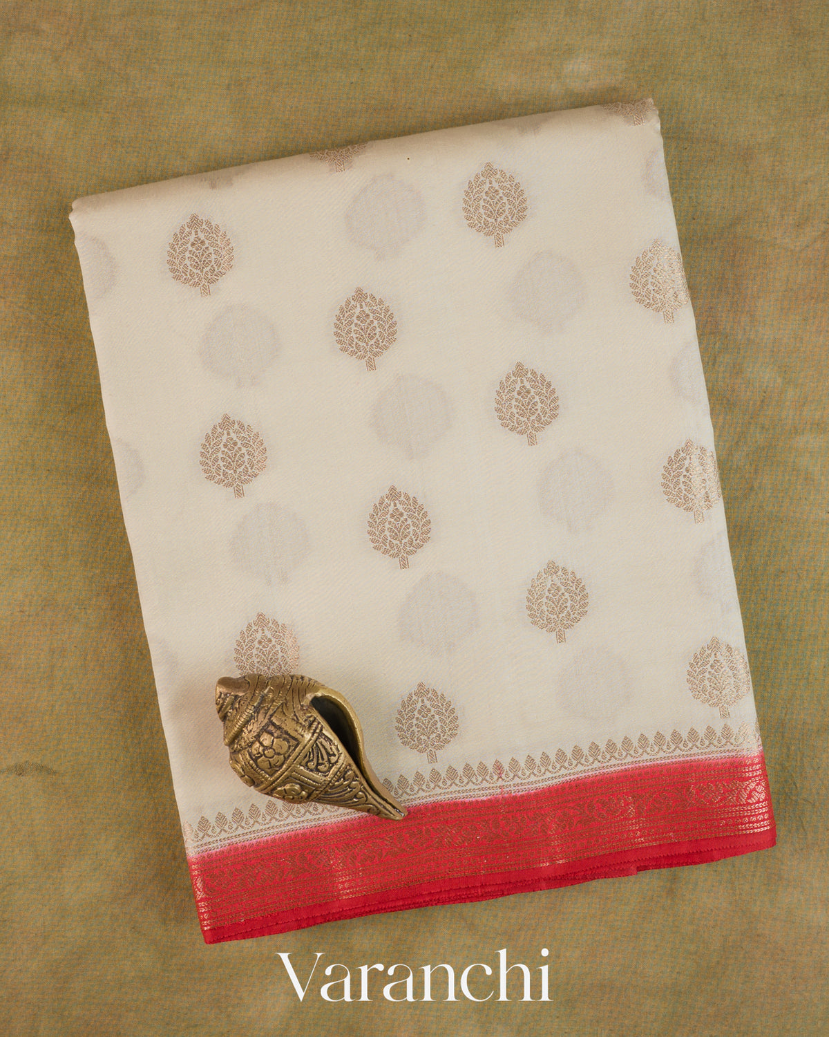 Ivory Pure Chiniya Silk Saree — Folded
