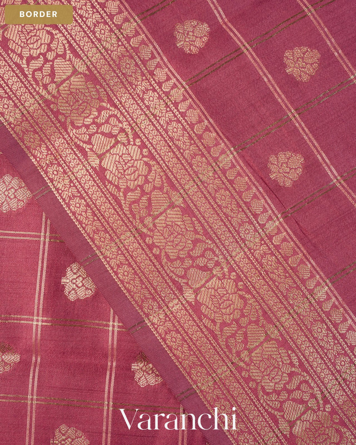 Mauve Pink Checkered Pure Chiniya Silk Saree — Border