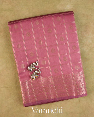 Mauve Pink Checkered Pure Chiniya Silk Saree — Folded