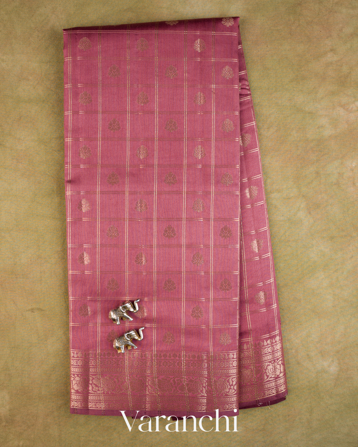 Mauve Pink Checkered Pure Chiniya Silk Saree — Full Saree