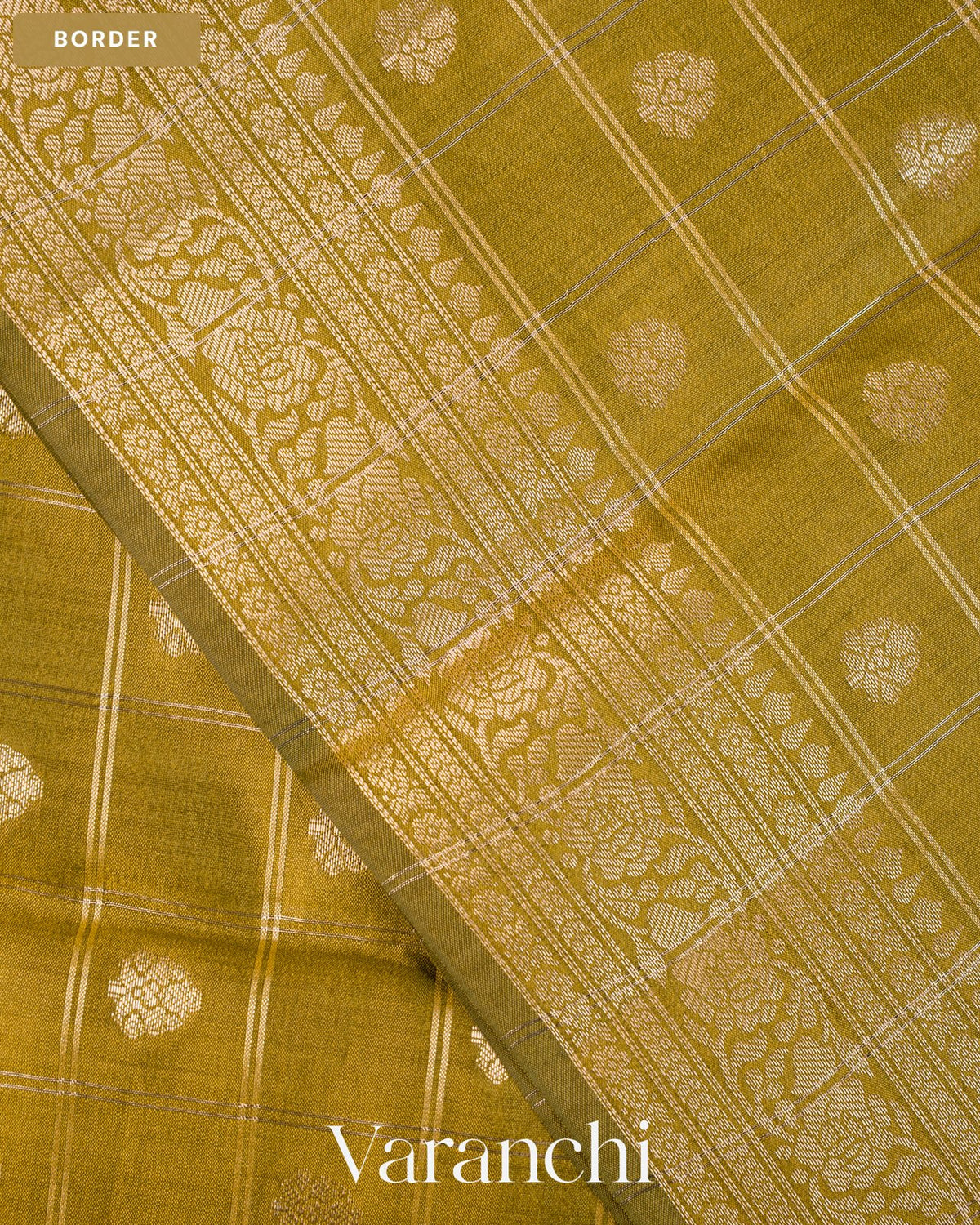 Olive Green Checkered Pure Chiniya Silk Saree — Border