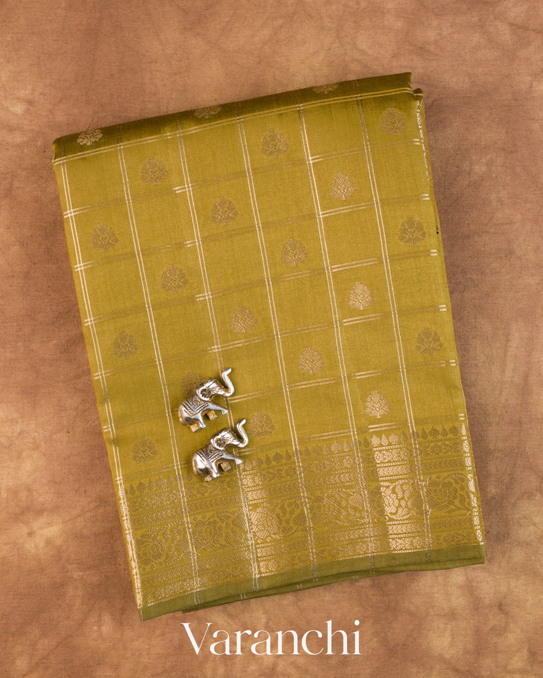 Olive Green Checkered Pure Chiniya Silk Saree — Folded