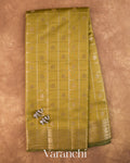Olive Green Checkered Pure Chiniya Silk Saree — Full Saree