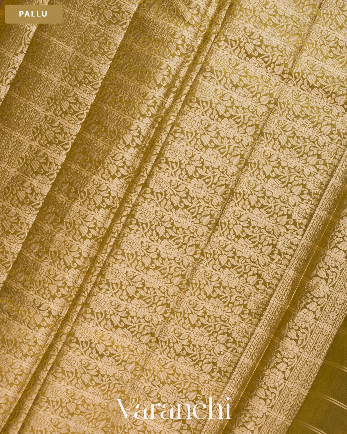 Olive Green Checkered Pure Chiniya Silk Saree — Pallu