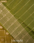 Olive Green Checkered Pure Chiniya Silk Saree — Blouse