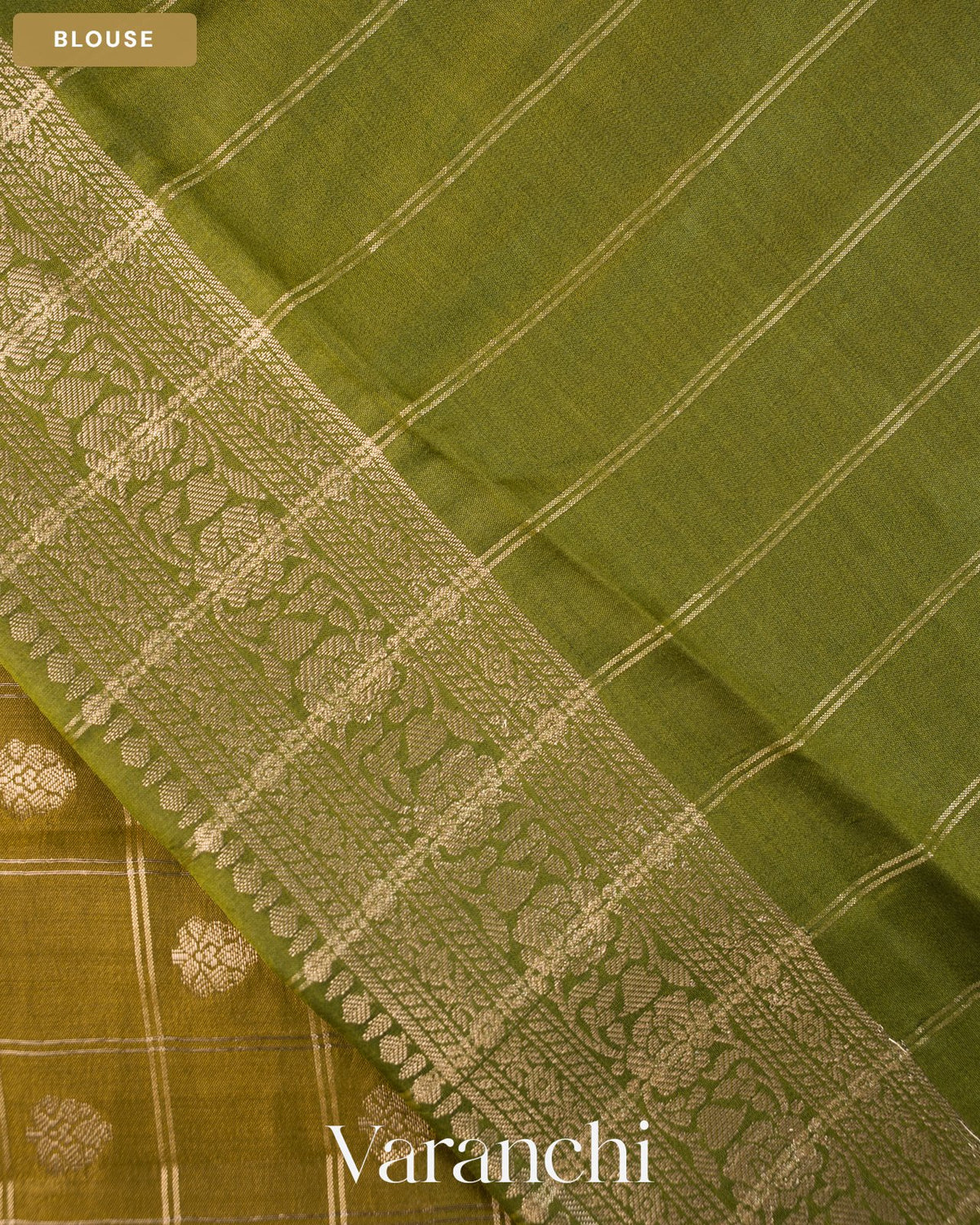 Olive Green Checkered Pure Chiniya Silk Saree — Blouse